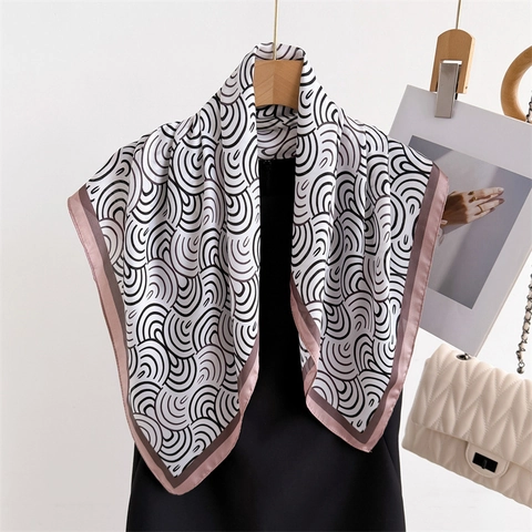 Elegant Satin Square Scarf For Women Wave Geometric Printed Headband Fashion Polyester Silky Neck Kerchief Hair Wrap Daily Accessories