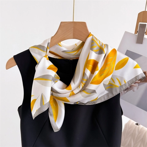 Elegant Women Square Scarf Imitation Satin Leaf Print Satin Luster Versatile Headscarf Neck Accessory For Daily Wear