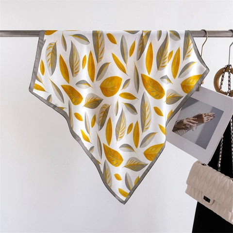 Elegant Women Square Scarf Imitation Satin Leaf Print Satin Luster Versatile Headscarf Neck Accessory For Daily Wear