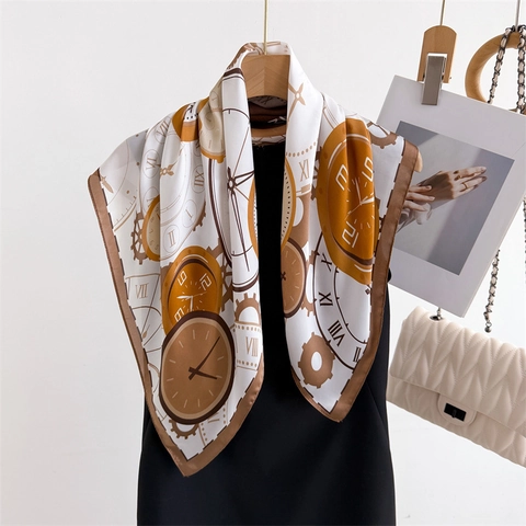 Foulard Quadrato Con Stampa Orologio Retrò Raso Imitazione Raso Bandana Per Donna Elegante Vintage Sciarpa Accessorio Di Moda
