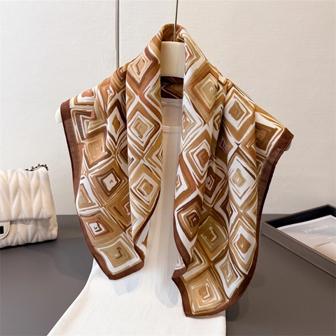 Foulard Quadrato Stampa Geometrica Elegante Bandana Effetto Satine Vintage Trama Spina Pesce Chic Protezione Solare Donna