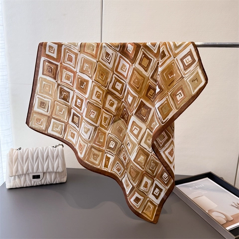 Foulard Quadrato Stampa Geometrica Elegante Bandana Effetto Satine Vintage Trama Spina Pesce Chic Protezione Solare Donna