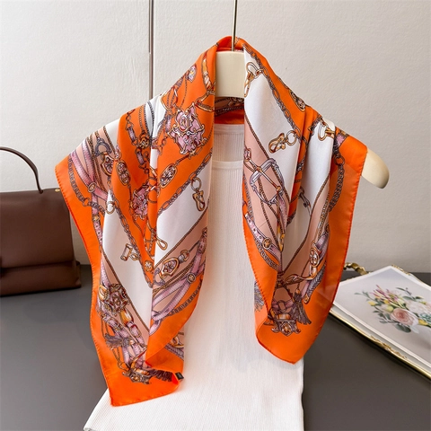 Elegant Imitation Satin Square Scarf Chain Buckle Print Satin Bandana Neck Head Wrap For Women