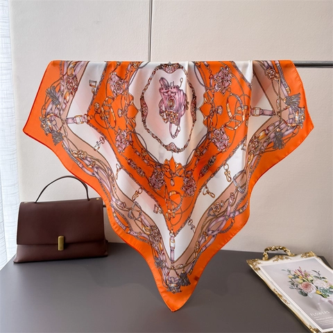 Elegant Imitation Satin Square Scarf Chain Buckle Print Satin Bandana Neck Head Wrap For Women
