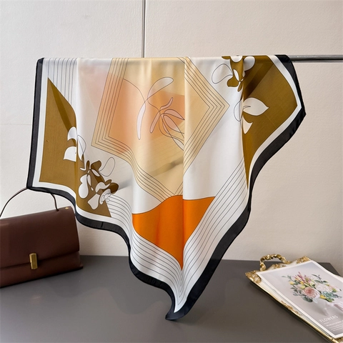 Sciarpa Quadrata Donna Imitazione Raso Raso Stampa Geometrica Linea Astratta Moda Accessorio Collo Versatile Chic