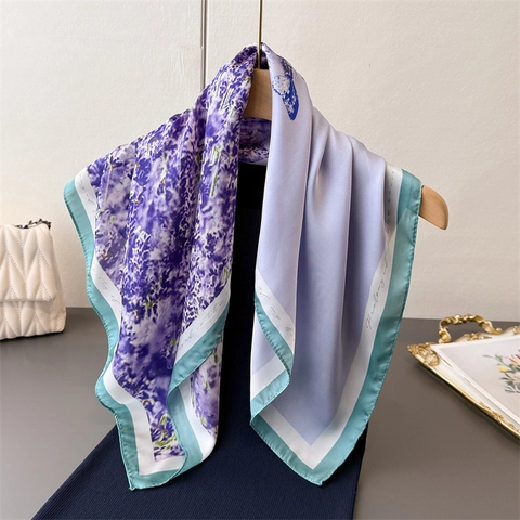 Women Elegant Square Scarf Faux Satin Printed Lavender Butterfly Forest Animal Deer Pattern Versatile Fashion Headscarf