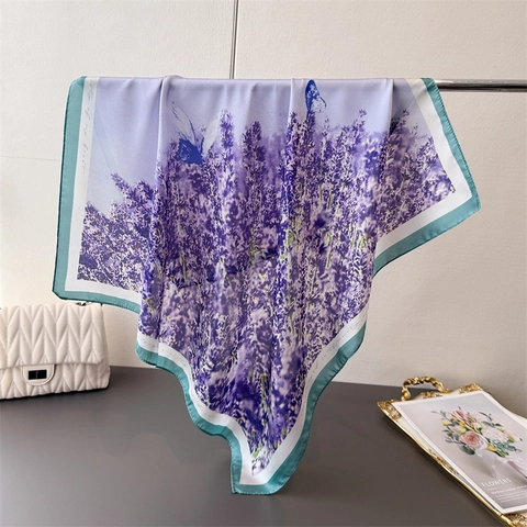 Women Elegant Square Scarf Faux Satin Printed Lavender Butterfly Forest Animal Deer Pattern Versatile Fashion Headscarf