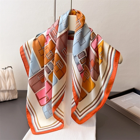 Sciarpa Quadrata Donna Raso Imitazione Elegante Motivo Borse Foulard Capelli Collo Moda Retro Versatile Scialle Leggero