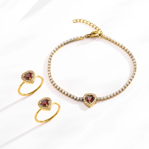 Stainless Steel Heart Necklace Bracelet Ring Earrings Red Zirconia Pave Fashion Sweet Women Jewelry