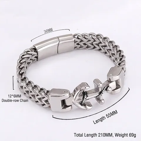 Men Stainless Steel Anchor Bracelet Vintage Double Row Wheat Chain Nautical Jewelry Magnetic Buckle Retro Punk Style