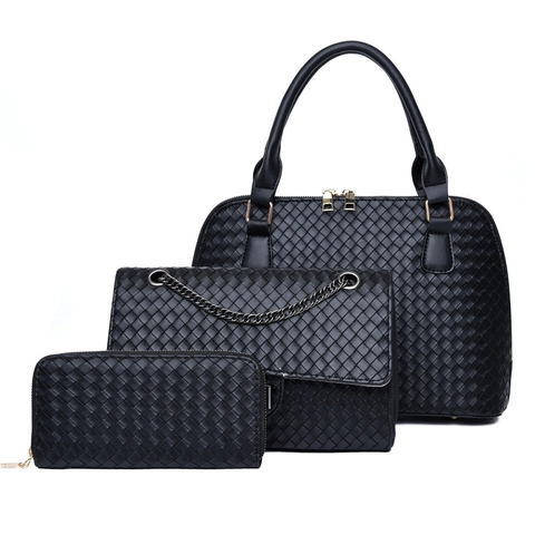 Gewebte PU Leder Damen Handtasche Kette Umhängetasche Und Lange Geldbörse Mode Elegant Alltag