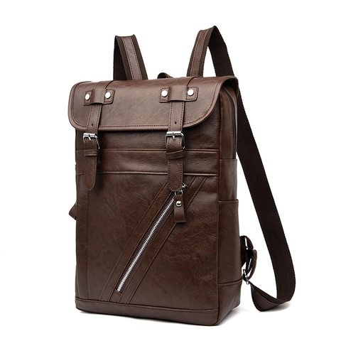 Men Vintage PU Leather Backpack Large Capacity Laptop Bag Casual Travel Rucksack Flap Cover Double Buckle Lychee Pattern