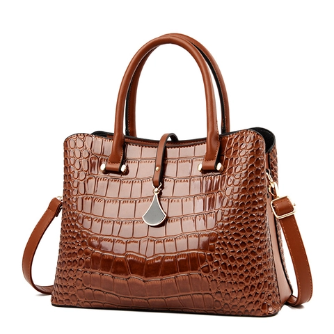 Women Handbag Crocodile Pattern Glossy PU Leather Top Handle Bag With Detachable Shoulder Strap Elegant Fashion Tote