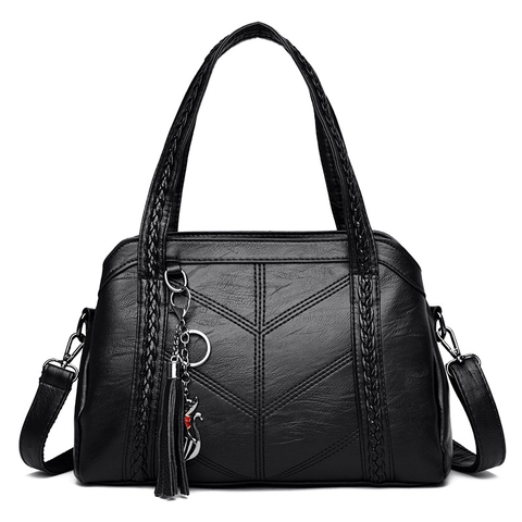Sac À Bandoulière Femme Grande Capacité En Similicuir Poignée Tissée Sac À Main Avec Pompon Pendentif Chat Multi Poches