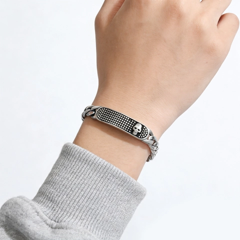 Cuban Link Chain Bracelet Stainless Steel Skull ID Plate Punk Rock Hip Hop Streetwear Jewelry For Men Women