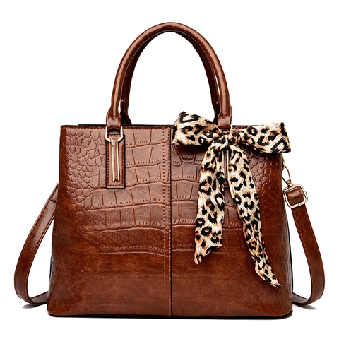 Women Crocodile Pattern PU Leather Handbag Large Capacity Shoulder Crossbody Bag With Leopard Satin Scarf Decoration