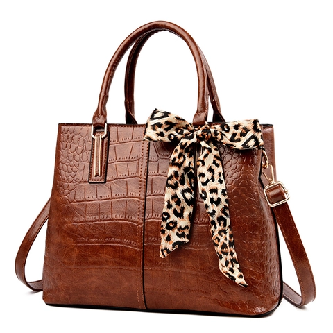 Women Crocodile Pattern PU Leather Handbag Large Capacity Shoulder Crossbody Bag With Leopard Satin Scarf Decoration