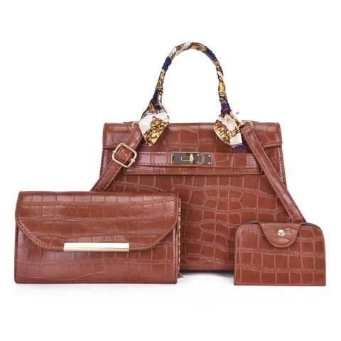 Crocodile Pattern PU Leather Handbag Shoulder Bag Crossbody Purse With Scarf Wrapped Handle And Matching Wallets For Women