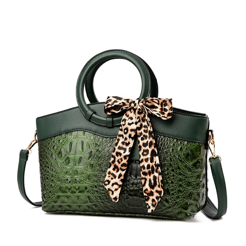 Women Large Capacity Retro Crocodile Pattern PU Leather Shoulder Bag Fashion Handbag With Leopard Scarf Bow Decor