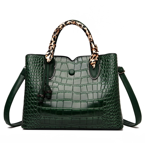 Damen Krokodilmuster Handtasche PU Leder Schultertasche Seidenschal Dekoration Mode Retro Große Kapazität Tote Mode Tasche