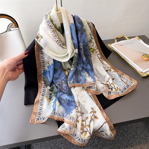 Women Long Scarf Shawl Floral Print Peony Lotus Lightweight Breathable Sun Protection Polyester Elegant Retro Wrap