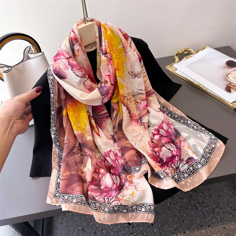 Écharpe Longue Femme Châle Imprimé Floral Polyester Mousseline Satin Solaire Léger Respirant Élégant