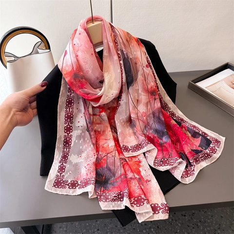 Écharpe Longue Femme Châle Imprimé Floral Polyester Mousseline Satin Solaire Léger Respirant Élégant