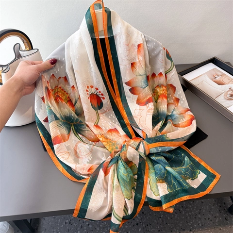 Women Long Scarf Shawl Floral Print Peony Lotus Lightweight Breathable Sun Protection Polyester Elegant Retro Wrap