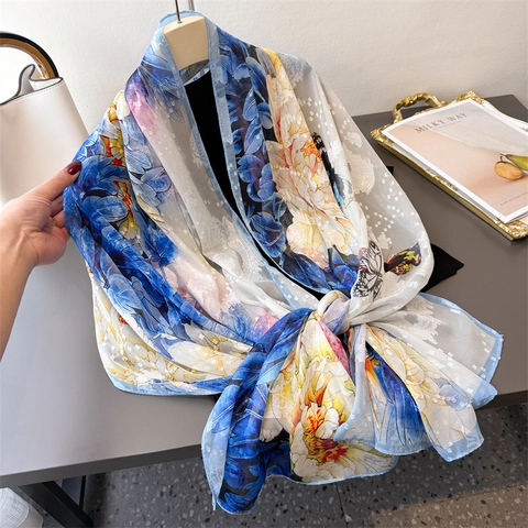 Elegant Floral Butterfly Print Satin Scarf For Women Lightweight Long Sun Protection Shawl Travel Bandana Wrap