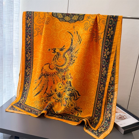 Écharpe Châle Style Chinois Imprimé Phénix Polyester Texture Satin Motif Peinture Ancienne Protection Solaire Pour Femmes