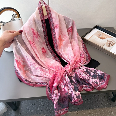 Elegant Floral Butterfly Print Satin Scarf For Women Lightweight Long Sun Protection Shawl Travel Bandana Wrap