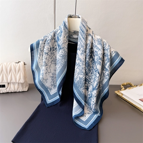 Sciarpa Quadrata Retro Francese Poliestere Simil Raso Stampa Paesaggio Toile De Jouy Bandana Per Capelli Donne