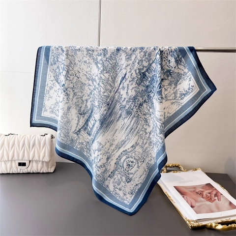 Sciarpa Quadrata Retro Francese Poliestere Simil Raso Stampa Paesaggio Toile De Jouy Bandana Per Capelli Donne