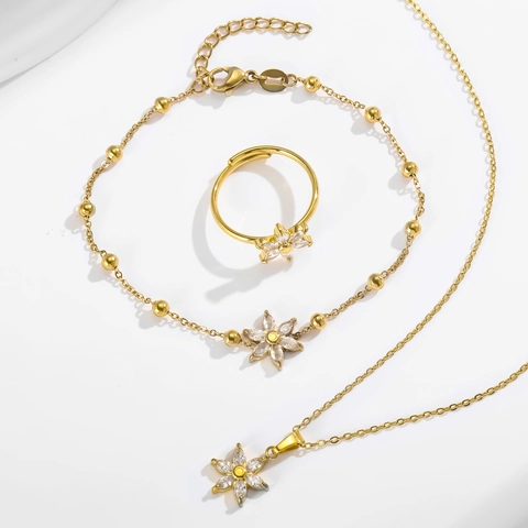 Flower Jewelry Set Stainless Steel Cubic Zirconia Necklace Bracelet Adjustable Ring Earrings Elegant Dainty For Women