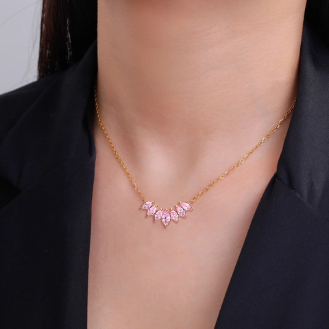 Collana Con Pendente A Ventaglio In Zircone Marquise Acciaio Inossidabile Design Spiga Di Grano Placcata Oro Donna