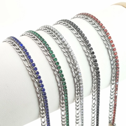 Double Layer Stainless Steel Bracelet For Women With Cubic Zirconia Tennis Chain And Figaro Link Adjustable Jewelry