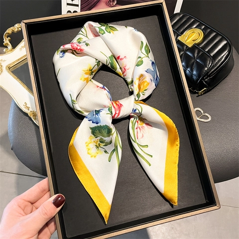 Floral Print Square Scarf Satin Polyester Imitation Satin Bandana Rose Tassel Elegant Headscarf Shawl Accessory For Women