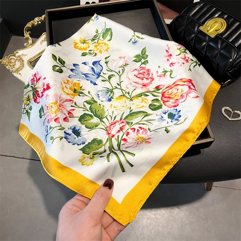 Floral Print Square Scarf Satin Polyester Imitation Satin Bandana Rose Tassel Elegant Headscarf Shawl Accessory For Women
