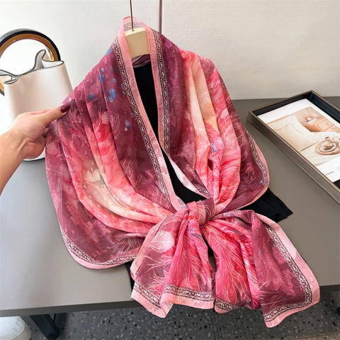 Elegant Women Long Scarf Printed Phoenix Peacock Floral Satin Like Polyester Shawl Sun Protection Travel Wrap