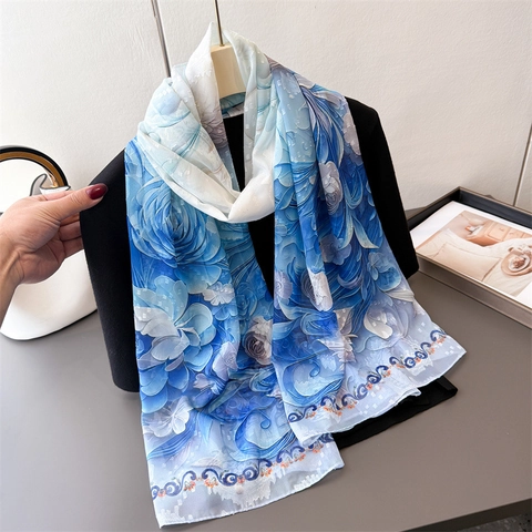 Elegant Women Long Scarf Printed Phoenix Peacock Floral Satin Like Polyester Shawl Sun Protection Travel Wrap