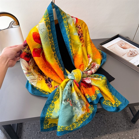Écharpe Imprimée Fleurs Large Longue Sensation Satin Châle En Polyester Pour Femmes Protection Solaire Élégant Vintage Accessoire