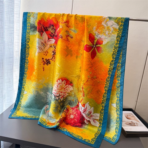 Écharpe Imprimée Fleurs Large Longue Sensation Satin Châle En Polyester Pour Femmes Protection Solaire Élégant Vintage Accessoire