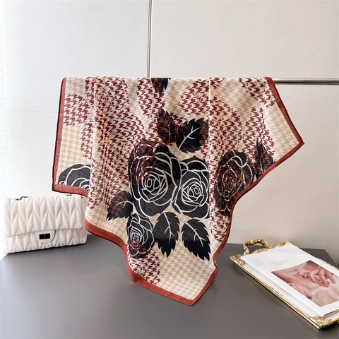 Vintage Hahnentritt Roos Print Satijn Vierkante Sjaal Voor Vrouwen Franse Elegante Polyester Bloemen Sjaal Shawl Bandana Hoofddoek