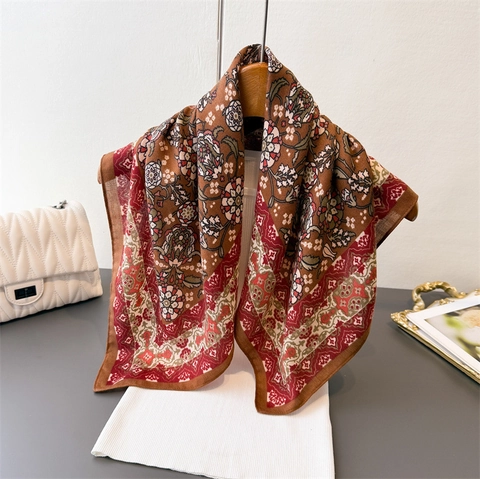 Foulard Carré Vintage Femmes Sensation Satin Polyester Satin Cou Tête Bandana Bohème Imprimé Feuilles Accessoire De Mode