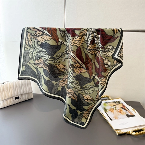 Foulard Carré Vintage Femmes Sensation Satin Polyester Satin Cou Tête Bandana Bohème Imprimé Feuilles Accessoire De Mode