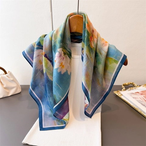 Pañuelo Cuadrado de Satén Elegante para Mujer Doble Cara Espina de Pescado Artístico Nenúfar Impresionista Paisley Estampado Bandana Bufanda de Cuello Chal de Moda