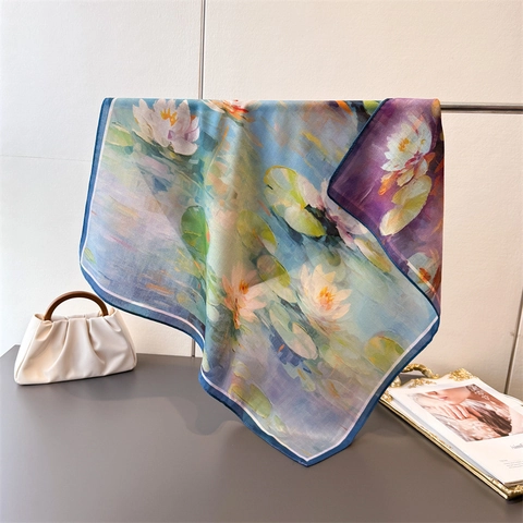 Pañuelo Cuadrado de Satén Elegante para Mujer Doble Cara Espina de Pescado Artístico Nenúfar Impresionista Paisley Estampado Bandana Bufanda de Cuello Chal de Moda