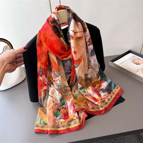 Traditional Chinese Style Printed Scarf For Women Lightweight Polyester Satin Like Shawl Retro Floral Sun Protection