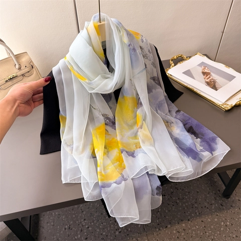Floral Print Long Scarf Shawl Chiffon Feel Polyester Artistic Lotus Pattern Elegant Sun Protection Wrap For Women