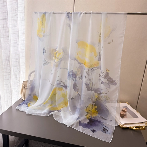 Floral Print Long Scarf Shawl Chiffon Feel Polyester Artistic Lotus Pattern Elegant Sun Protection Wrap For Women